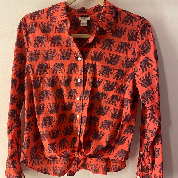 J. Crew Tops - J. Crew Coral Blouse with Navy Elephant Design